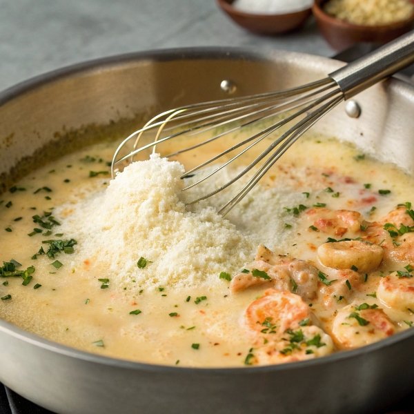 A Creamy Homemade Alfredo Sauce Being Whisked In A Pan, Ready To Be Added To The Cajun Shrimp Alfredo Dish.