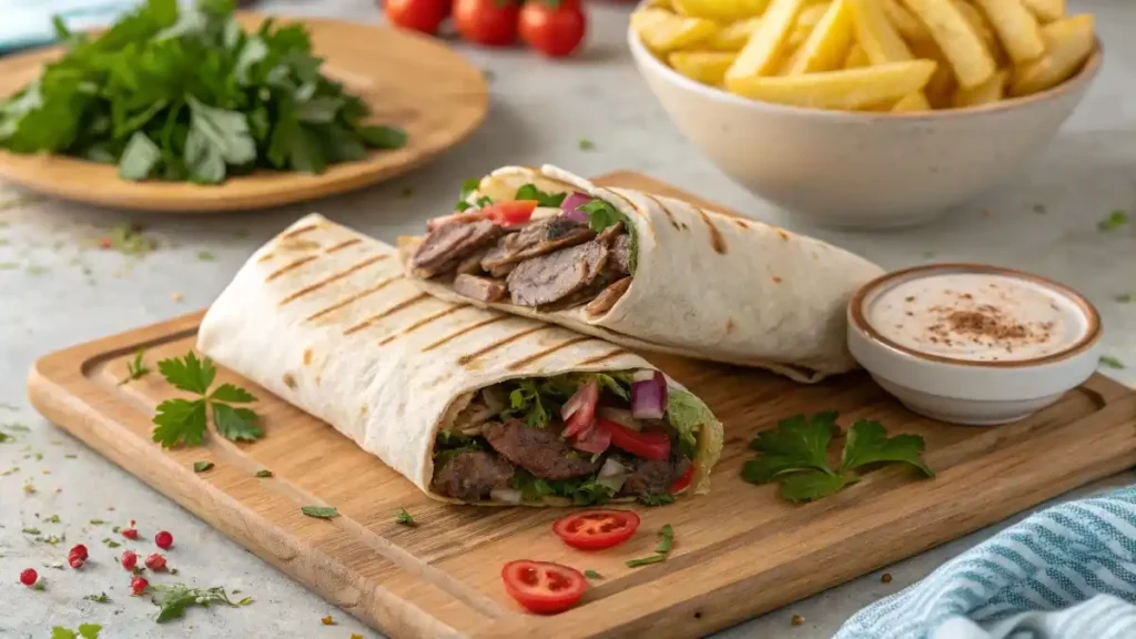 Beef Shawarma Wrap Sliced Open, Showcasing Spiced Beef, Pickled Vegetables
