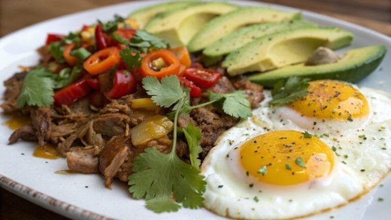 Carnitas breakfast recipe with eggs plated with colorful garnishes