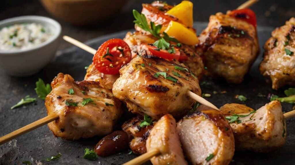 Grilled Chicken Breakfast Meals skewers with juicy chicken, bell peppers, onions, and eggs, served on a rustic plate with a side of dipping sauce.