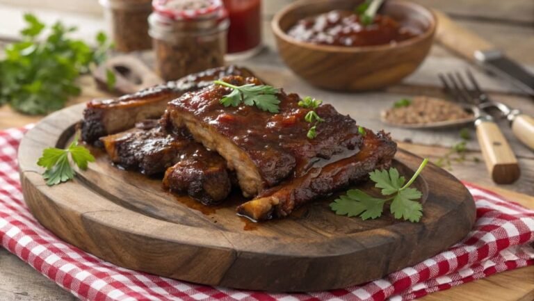 Perfectly cooked country style beef ribs with BBQ glaze on a wooden platter.