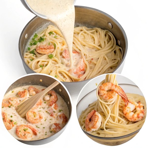 Freshly Cooked Pasta Being Tossed With Rich Alfredo Sauce And Cajun Seasoned Shrimp To Create A Delicious Cajun Shrimp Alfredo