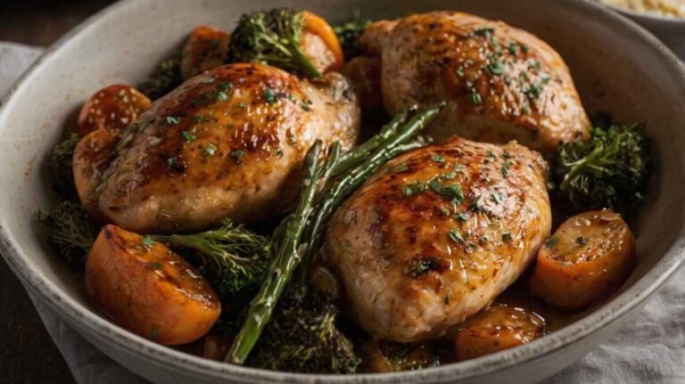 Galena chicken recipe served with roasted vegetables and a drizzle of sauce.