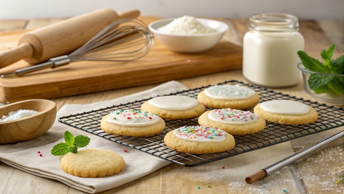 Golden-brown gluten-free sugar cookies cooling on a rack in a cozy kitchen with baking tools and a mason jar of milk in the background.