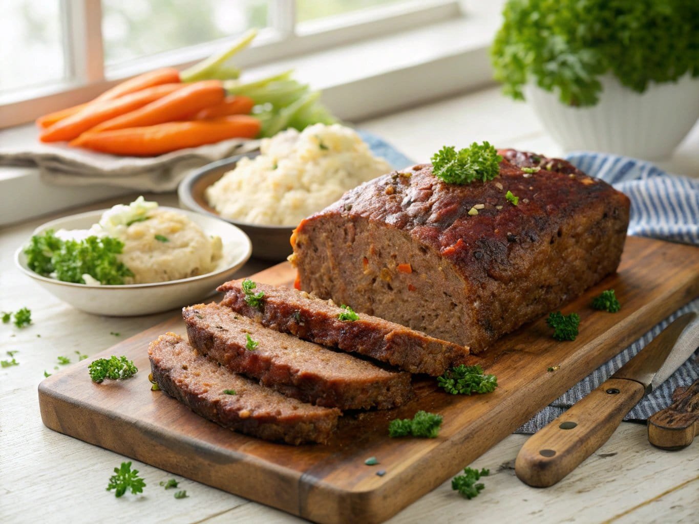 Kidney-friendly ground beef meatloaf garnished with parsley on a wooden serving board