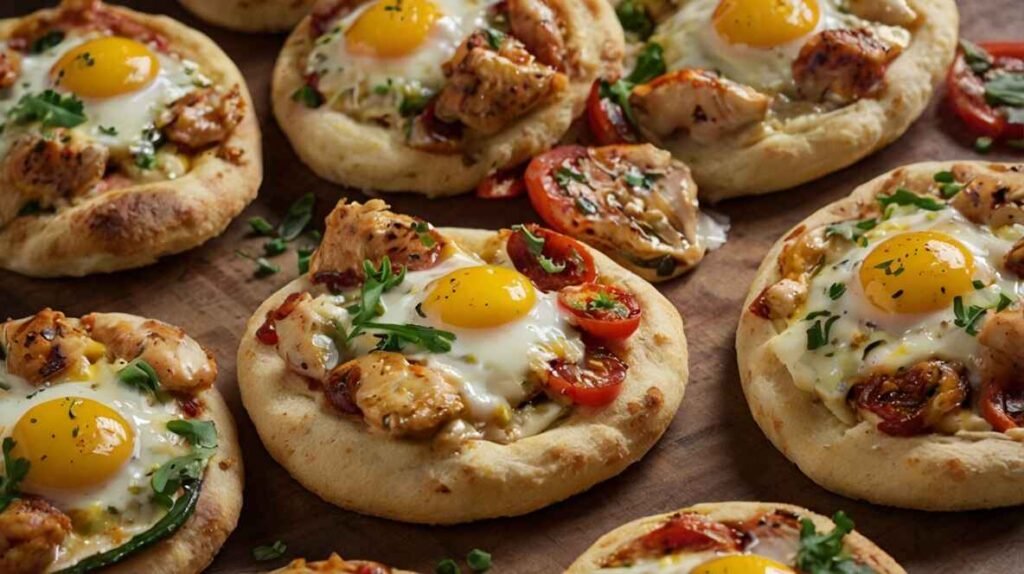 Mini Chicken Breakfast Meals pizzas topped with shredded chicken, scrambled eggs, melted cheese, and fresh herbs on a crispy crust.