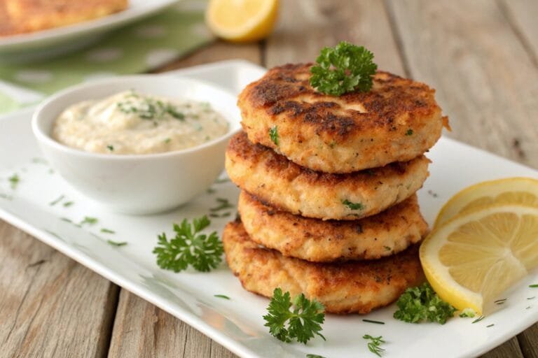 Golden-brown salmon patties garnished with parsley, served on a white plate with tartar sauce and lemon wedges.