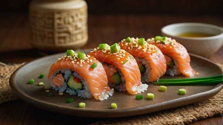 Salmon Sushi Bake With Creamy Sriracha Mayo Topping And Garnished With Sesame Seeds And Green Onions (2)