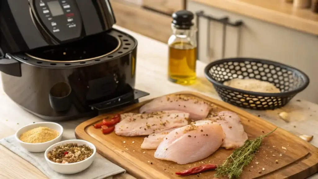 Seasoned Thin Chicken Breast Ready To Be Cooked In An Air Fryer, With Spices And Kitchen Tools Nearby