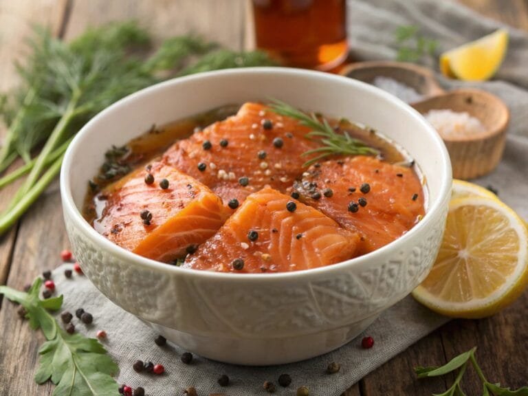 A bowl of smoked salmon brine with spices and herbs for the perfect recipe