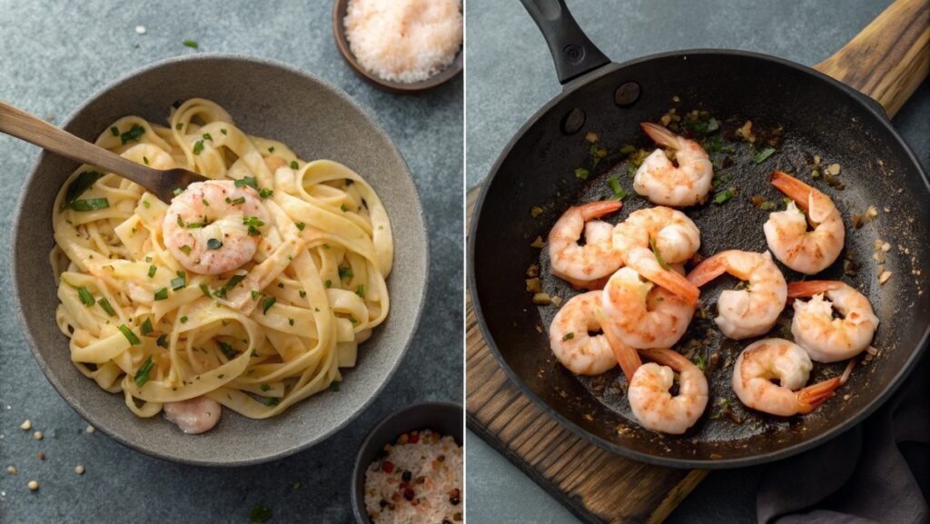 A detailed step-by-step process of preparing Cajun Shrimp Alfredo, from seasoning the shrimp to cooking the pasta and making the creamy sauce.