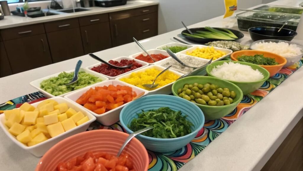 A Beautifully Arranged Poke Bar Set Up For A Gathe