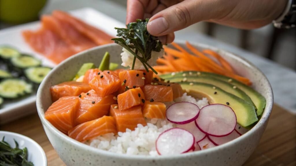 A Close Up Shot Of A Hand Preparing A Salmon Poke