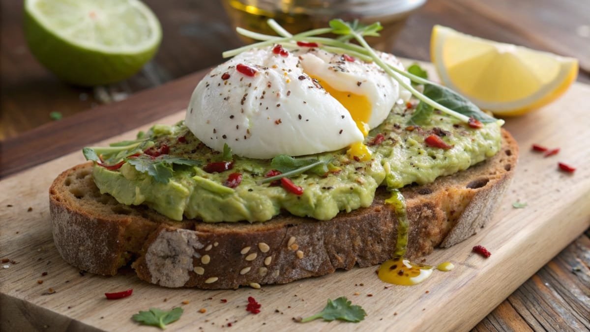 Close-up image of avocado toast with poached egg, garnished with chili flakes and microgreens.