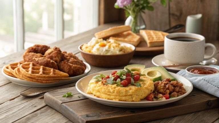 An inviting breakfast table with chicken omelette, chicken and waffles, and a chicken breakfast bowl, bathed in soft morning light.