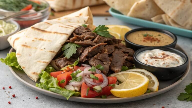 A Delicious Plate Of Beef Shawarma With Pita Bread