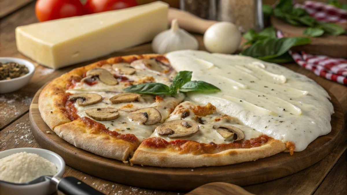 Half-and-half pizza with white sauce and Alfredo sauce, garnished with toppings on a rustic wooden table.