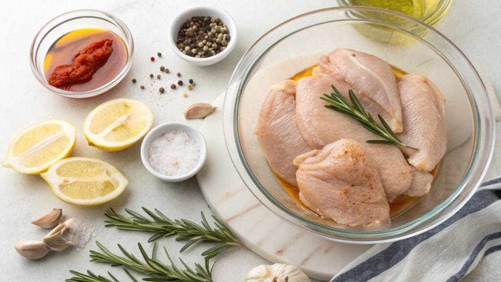 Raw marinated chicken in a bowl with visible spices, lemon, and fresh herbs to do Galena Chicken Recipe