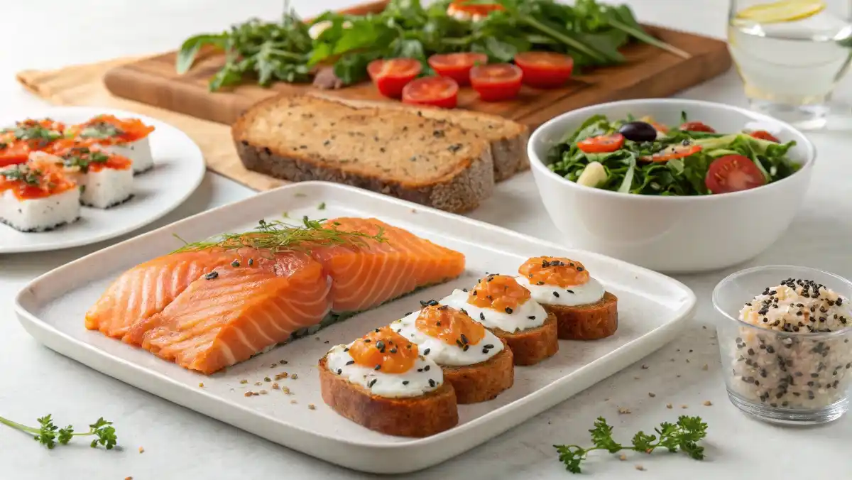 A Variety Of Salmon Dishes Beautifully Arranged