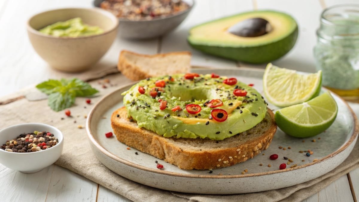 Avocado toast topped with everything bagel seasoning, chili flakes, olive oil, and a lime wedge on a rustic ceramic plate.