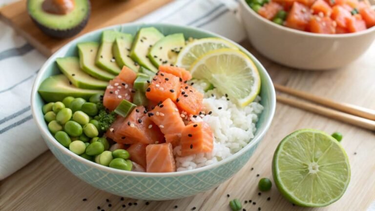 A colorful salmon poke bowl with fresh ingredients