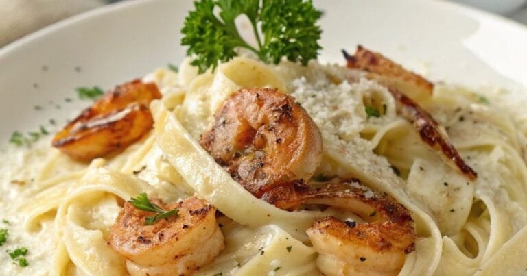 A plate of Cajun Shrimp Alfredo garnished with parsley and Parmesan, served on a wooden table with garlic bread and a glass of white wine.