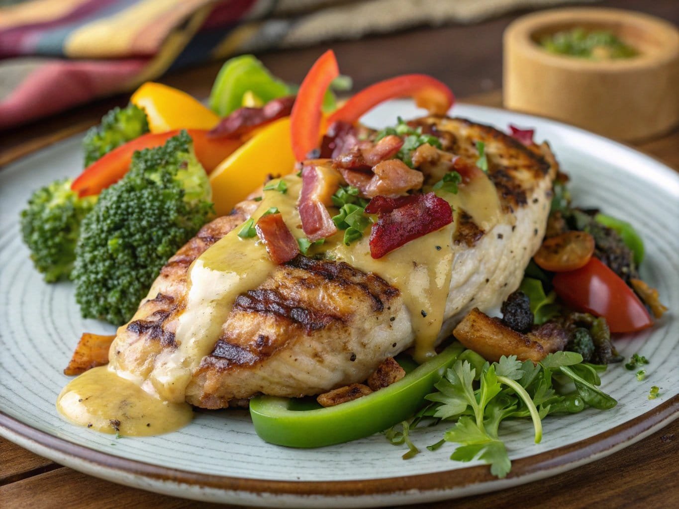 Thin chicken breasts air-fried to perfection, served on a plate with garnishes and dipping sauce.