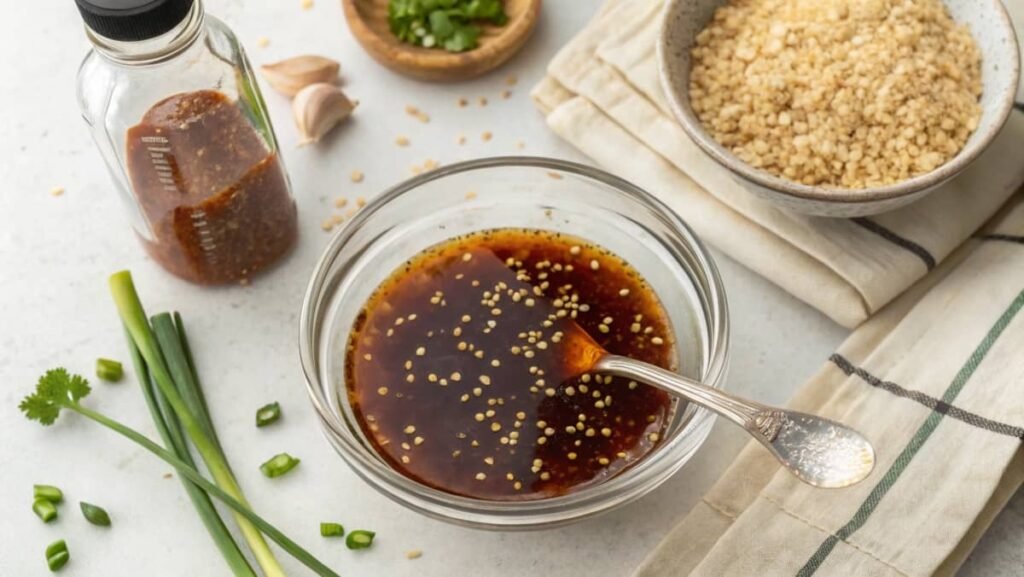 An Overhead View Of A Small Glass Bowl Filled With Poke Sauce