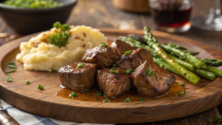 Juicy seared beef tenderloin tips served with roasted asparagus and mashed potatoes on a rustic wooden plate.