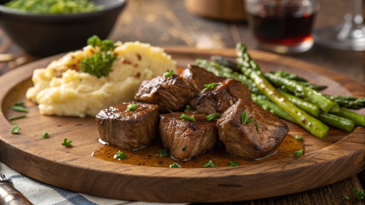 Juicy seared beef tenderloin tips served with roasted asparagus and mashed potatoes on a rustic wooden plate.