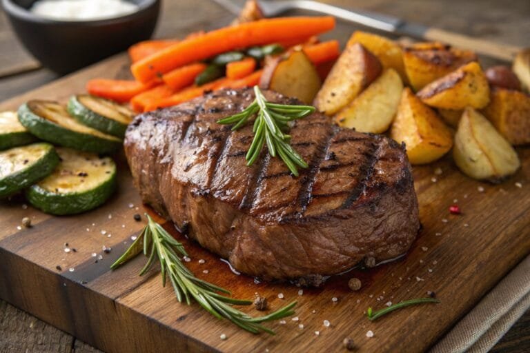 Juicy beef chuck eye steak on a cutting board with rosemary