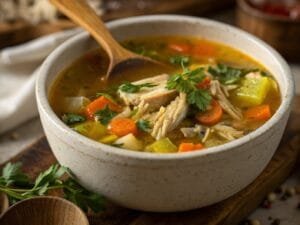 Homemade chicken soup from bones with fresh vegetables and herbs