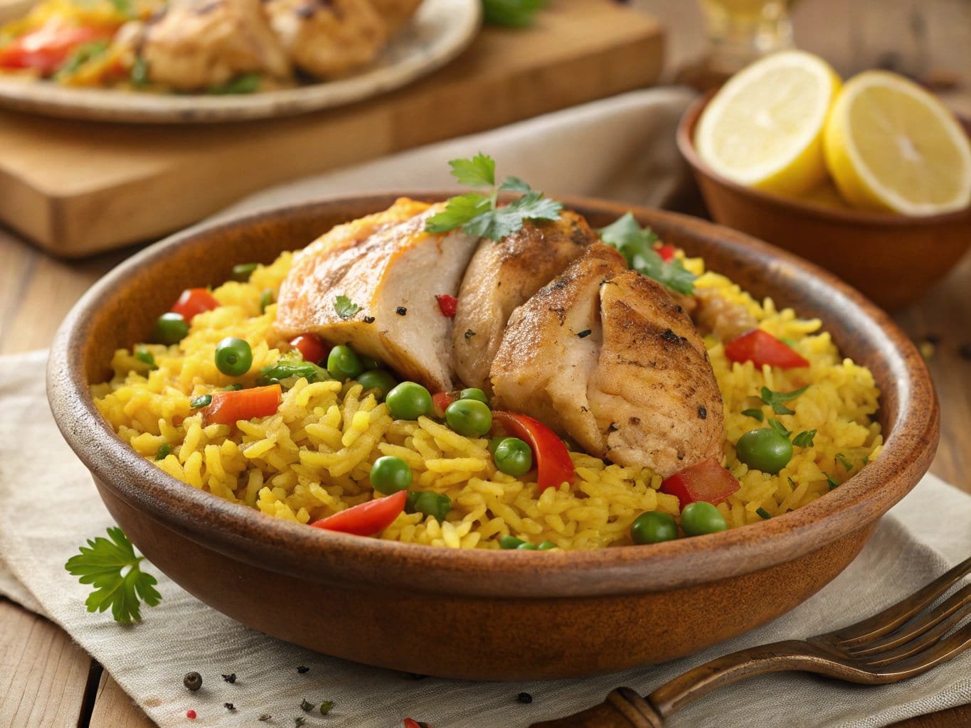 Chicken and yellow rice dish garnished with parsley, vibrant vegetables, and a slice of lemon on a rustic wooden table.