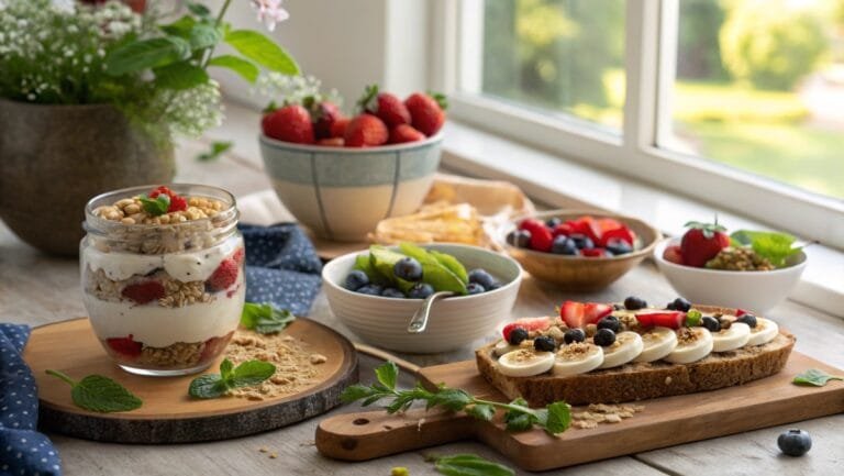 A rustic breakfast table with cottage cheese recipes, including a berry parfait, avocado toast, and cottage cheese with bananas and honey.
