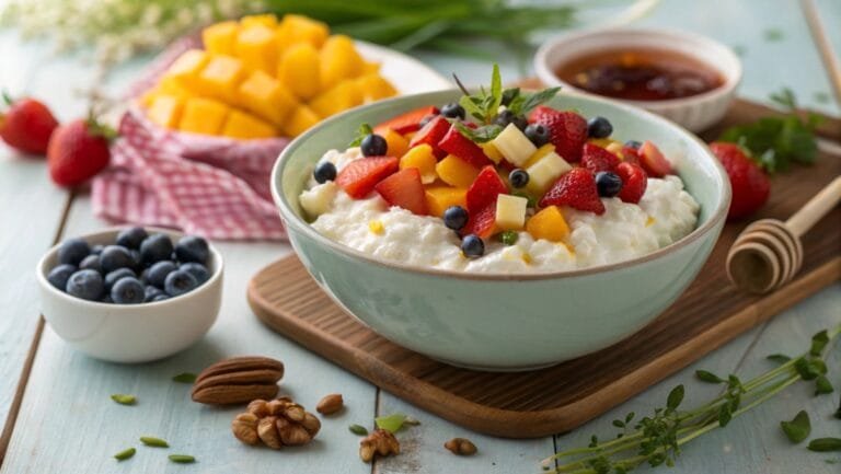 A vibrant bowl of cottage cheese topped with fresh fruit and savory herbs, surrounded by mix-in ingredients on a rustic wooden table