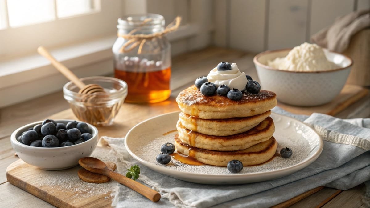 Golden sourdough discard pancakes topped with blueberries and syrup on a rustic plate in a cozy morning kitchen setting.