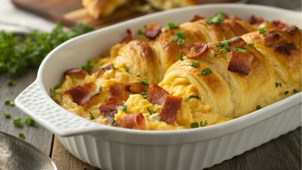 Savory crescent roll breakfast casserole with eggs, cheese, and bacon.