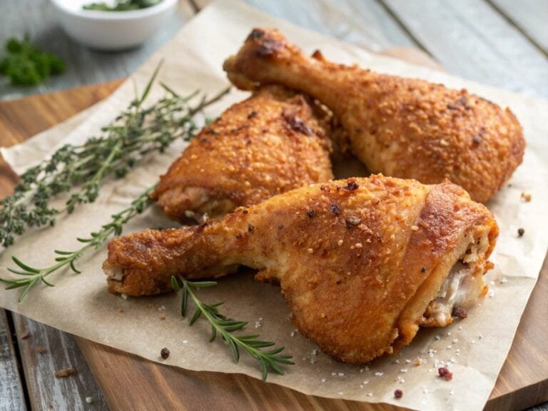 Crispy chicken leg quarters in air fryer served on a plate.