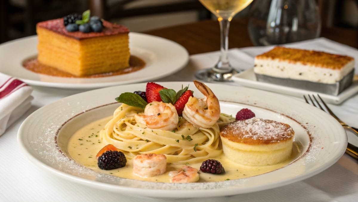 A plate of Shrimp Alfredo alongside crème brûlée, lemon tart, and tiramisu desserts, presented in a warm Italian restaurant ambiance.