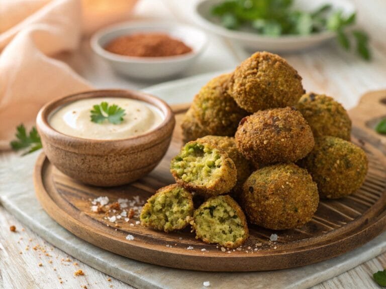 Close-up of a falafel wrap with creamy tahini sauce, fresh vegetables, and pickled turnips on a wooden table.