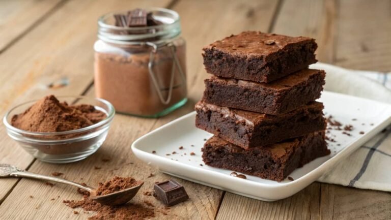 Fudgy protein brownies with chocolate protein powder in the background