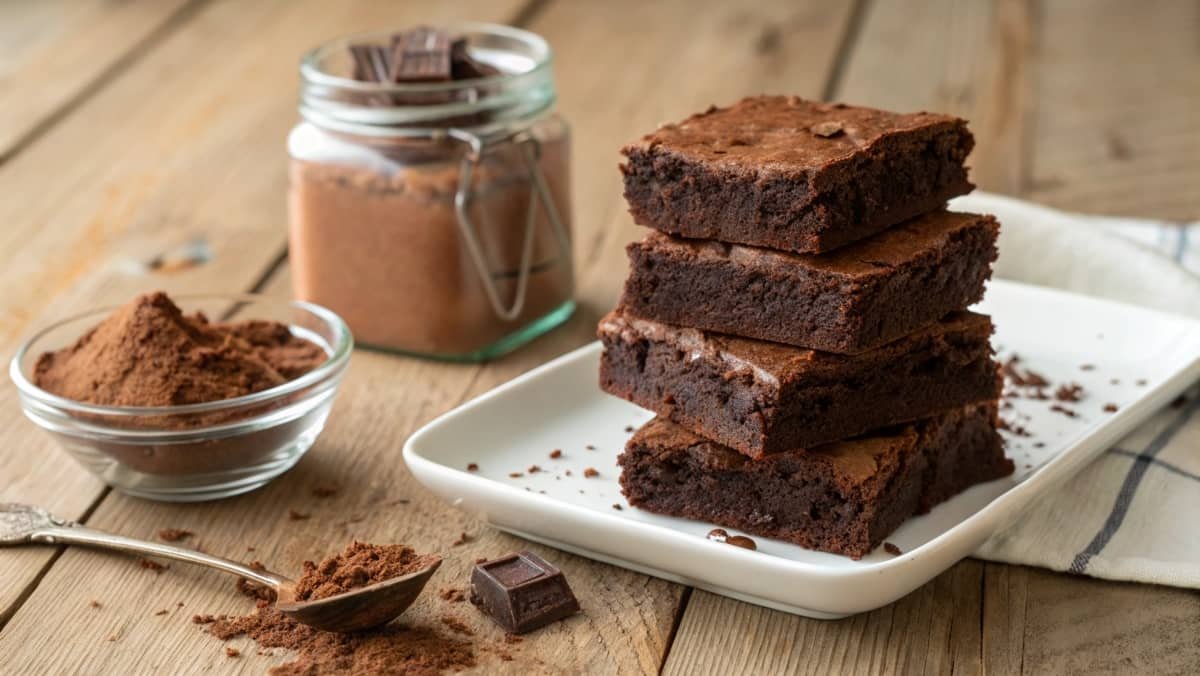 Fudgy protein brownies with chocolate protein powder in the background