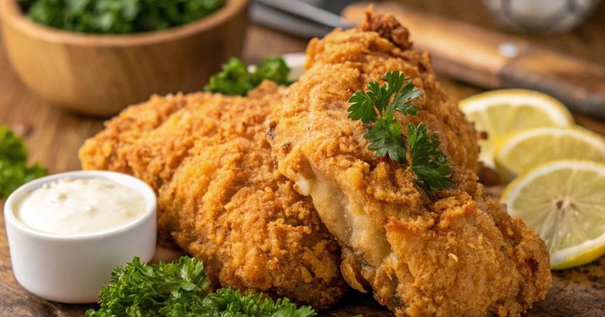 KFC Recipe Crispy Chicken Breast with sauces and garnish on a wooden plate.
