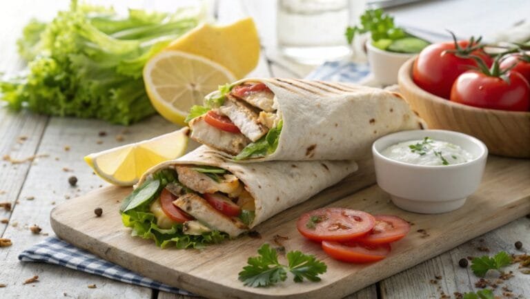A grilled chicken wrap with fresh vegetables and ranch dressing on a rustic wooden table.