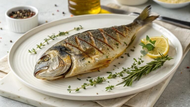 Grilled dorado fish with lemon and herbs, served with grilled vegetables on a rustic table. Title: Grilled Dorado Fish Platter with Vegetables