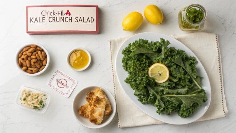 Ingredients for Chick-fil-A Kale Crunch Salad, including kale, cabbage, almonds, and vinaigrette.