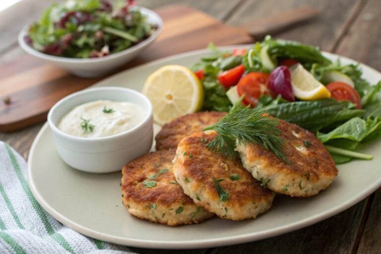 Golden-brown lake trout fish cakes served with salad and tartar sauce