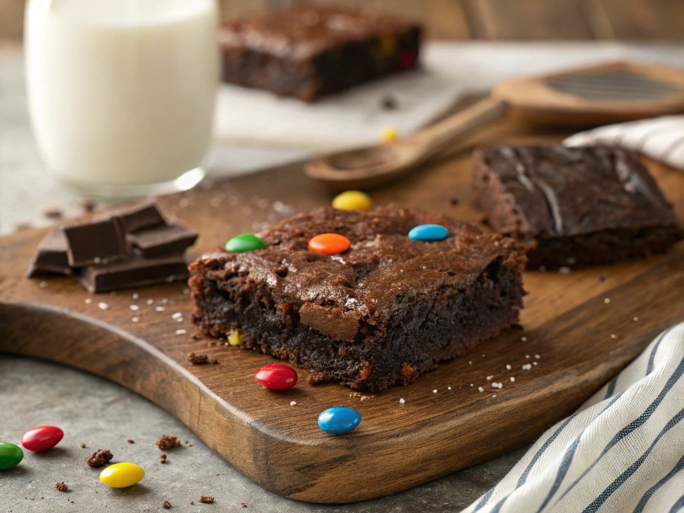 A Little Debbie Brownie with candy-coated chocolates on a wooden boar