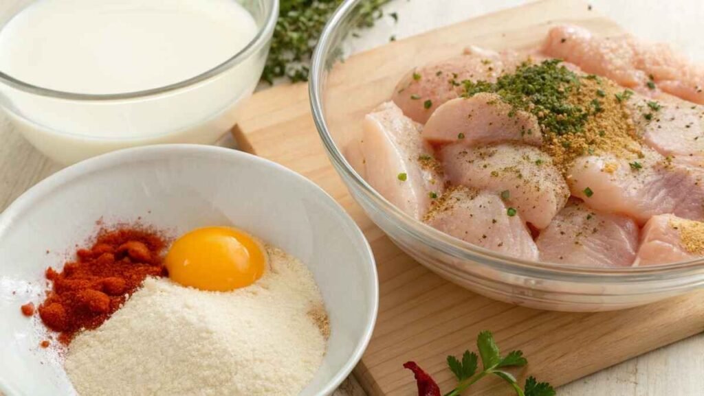 A bowl of seasoned buttermilk marinade with chicken breasts soaking to achieve the authentic KFC Recipe Chicken Breast flavor.