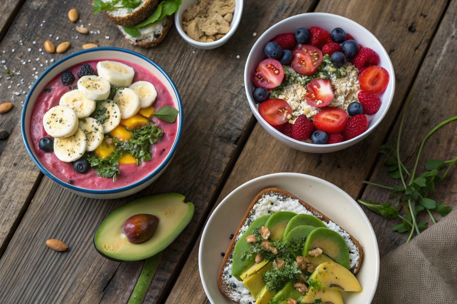 A vibrant easy breakfast featuring fresh fruit yougert and avocado, and coffee, showcasing quick and simple meal ideas.